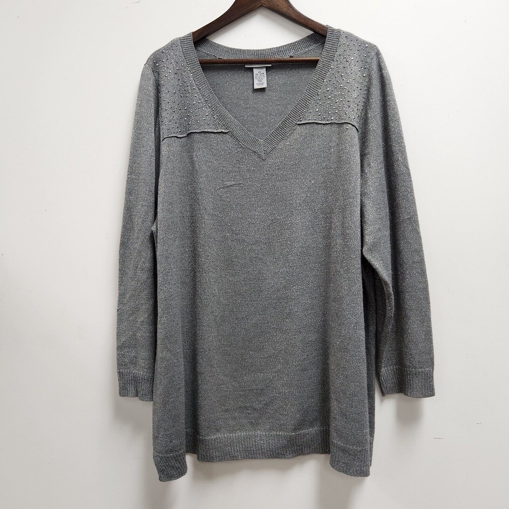 Catherines Womens Plus Studded V Neck Sweater Size 2X Long Sleeve Metallic Gray